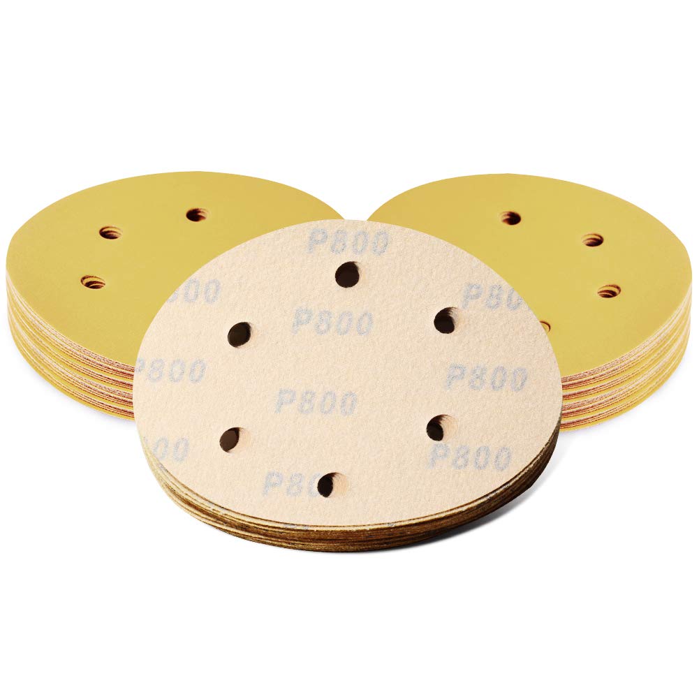 SPEEDWOX 50 Pcs Sanding Discs 6 Inches 800 Grit 6 Hole Hook and Loop Sandpaper Dustless Fit for Random Orbital Sander Assortment Yellow Finishing Discs for Automotive Woodworking
