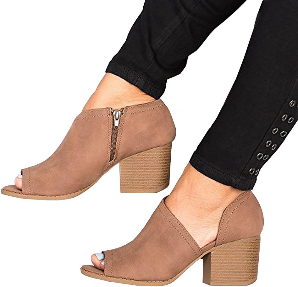 Women Low Heel Ankle Booties Slip On Vegan Suede Leather Cut Out Chunky Block Stacked Peep Toe Ankle Boots Shoes
