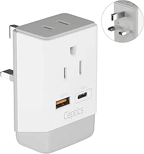 UK Ireland Hong Kong Plug Adapter, Ceptics International Power Plug with USB &amp; USB-C - 2 USA Socket, QC 3.0 &amp; PD - Type G Outlet Adapter for USA to British England Scotland London - Fast Charging