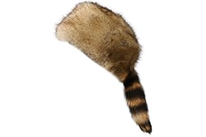 Altsuceser Faux Fur Raccoon Tail Coonskin Cap, Round Flat Top Boone Hat Raccoon Tail Hats for Winter
