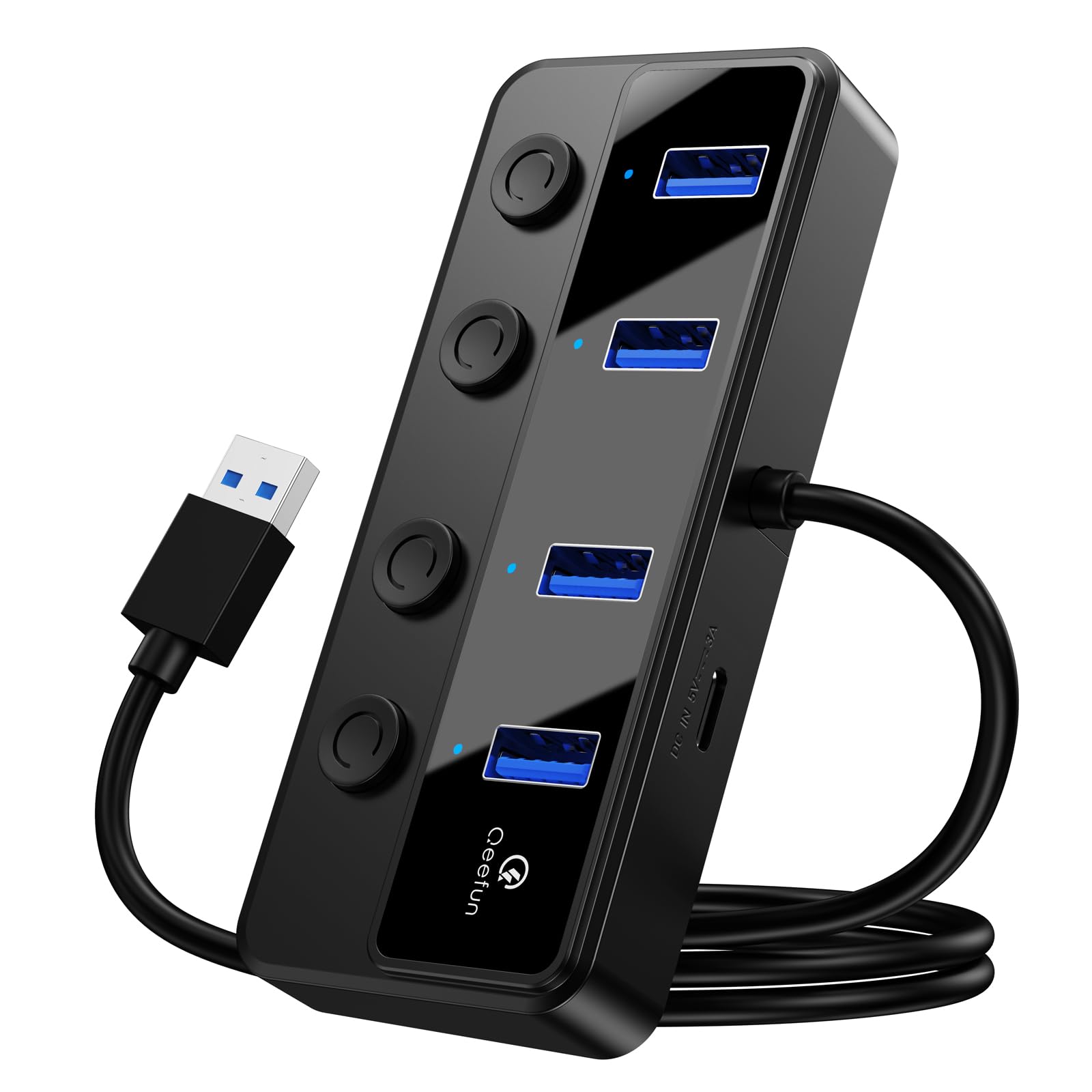 Qeefun 4-Port USB 3.0 Hub, Individual LED Power Switches, 5Gbps Data ...