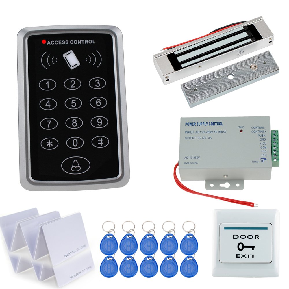 HFeng Full Set Door Access Control System Kit RFID Controller Keypad 125KHz Reader with Power Supply + 180KG Electric Magnetic Lock Waterproof+20pcs Key cards Gate Opener