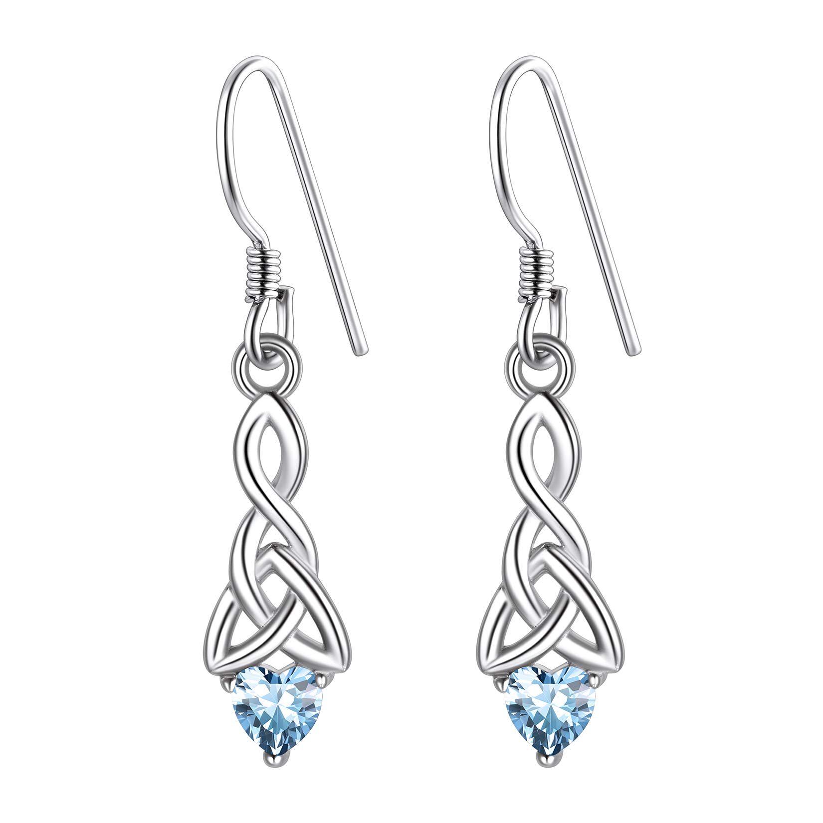 Suplight March Birthstone Dangle Earrings, Aquamarine Drop Earrings, Womens Dangle Earrings, 925 Sterling Silver Celtic Knot Heart Earrings, Knot Dangly Earring — image 1