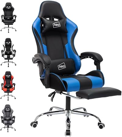 Neo Leather Gaming Chair with Footrest, Massage & Adjustable Height - Blue