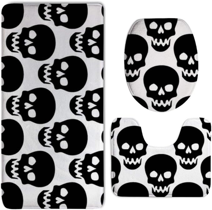 Amazon Com Niyoung Bathroom Toilet Rug Mat Set 3 Piece Non Slip Memory Foam Extra Soft Shower Bath Rugs Contour Mat And Lid Cover For Bathroom Black Skull White Home Kitchen
