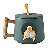 Scizorito Cute Dog Couple Cup, Ceramic Coffee Mug with a Lid, Paws on the Top of the Spoon, Cute Shiba Lnu Three-dimensional Design, with Matte Texture,(420ML Green Tail)