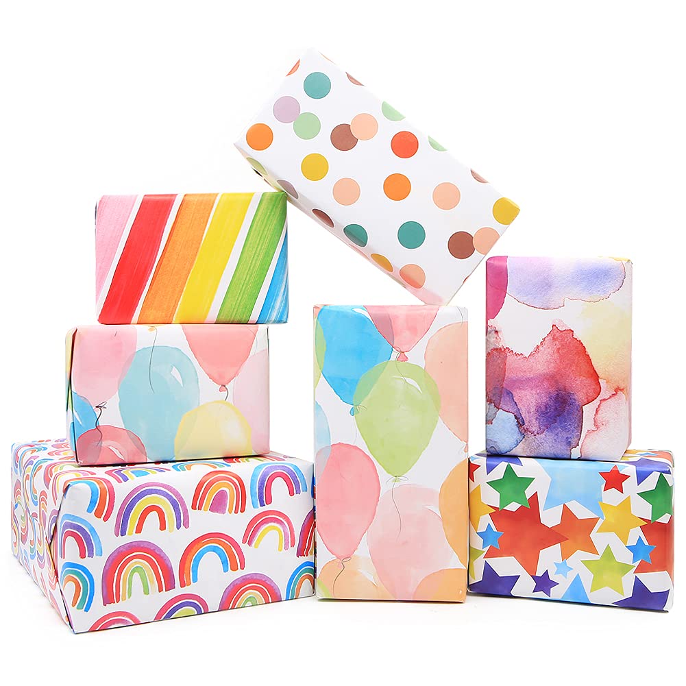 Rainbow Birthday Wrapping Paper, Kids Pink Gift Recyclable Wedding Birthday Women Girls Boys Female,12 Folded 70 * 50cm Sheets 6 patterns w/Strings and Stickers for All Gift Wrap Decoration Occasions