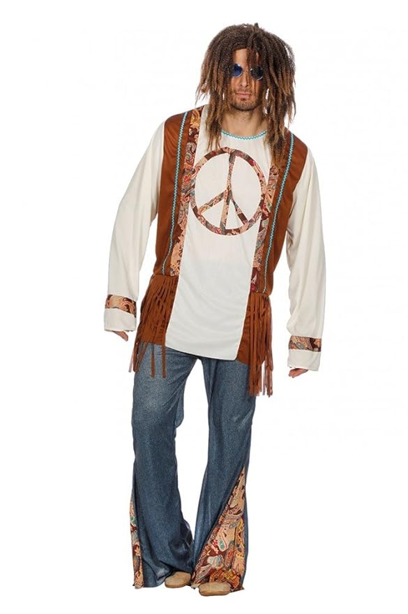 Hippie Peace Herren-Kostüm mit Jeans-Schlaghose 60er 70er Jahre Seventies Sixties Flower Power, Größe:56