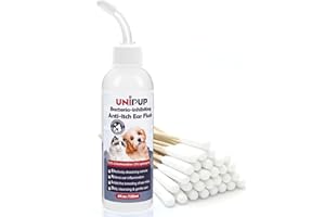 UNIPUP Dog Ear Cleaning Solution，Ear Infection Treatment for Dogs & Cats to Mitigate Itching, Inflammation, and Odor for Maintaining Ear Hygiene, with 30 Cotton Swabs, 4 oz