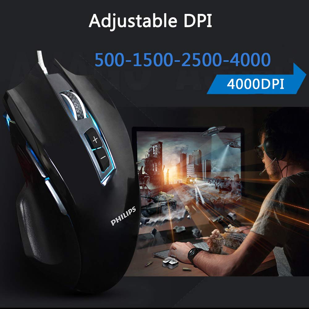Philips Gaming Mouse, USB Wired Optical Gaming Mice with 4000 DPI High Precision, 3 Programmable Side Buttons, 4 Adjustable DPI Levels, 8 Buttons with 7 Backlight Modes for Notebook, PC, Laptop, Macbo