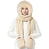 Qincycle Hooded Scarf for Women Winter - Faux Fur Scarf Hat Gloves 3 in 1 Set Soft Thick Warm