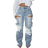 Womens Rhinestone Cargo Jeans Y2k High Waisted Ripped Cut Out Straight Leg Sparkly Baggy Sexy Denim Pants