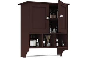 Palimder Medicine Cabinets, Space Saving Wall Cabinet with 2 Doors and Adjustable Towel Rack Shelves, Storage Cabinet for Toilet, Bathroom, Living Room, Kitchen (Brown)