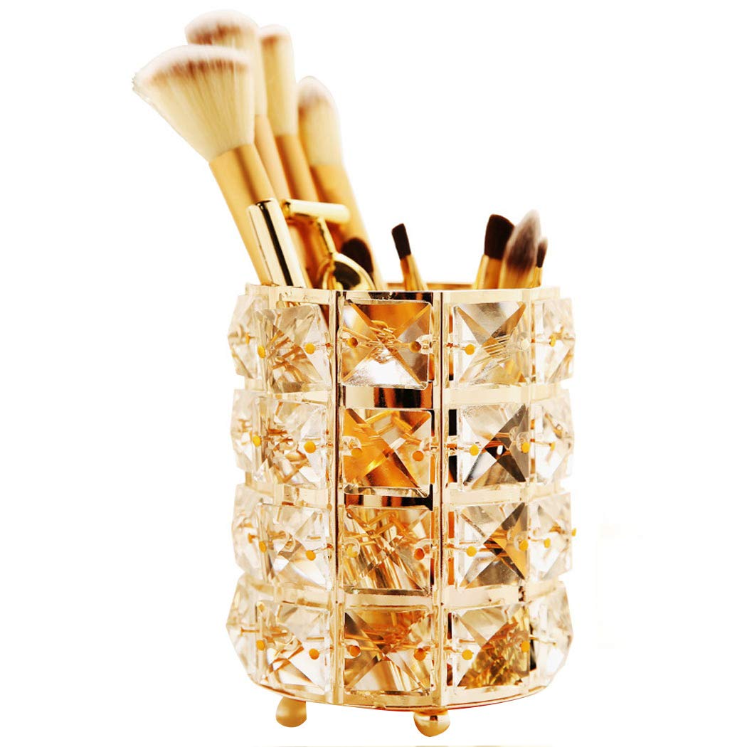 Sipliv Makeup Brush Holders Pen Holder Handcrafted Crystal Eyebrow Pencil Pen Collection Cosmetic Storage for Vanity Bathroom Office Desk Organizer - Gold