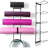MRZZATA 5-Tiers Yoga Mat Holder Wall Mount, Metal Storage Rack for Mats/Wheels, Foam Roller and Block, Wall Rack with 3-Hooks