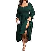 SCOMCHIC Womens Plus Size Maxi Dress Long Sleeve Square Neck Smocked Wedding Guest Flowy Split Fall Dresses with Pockets