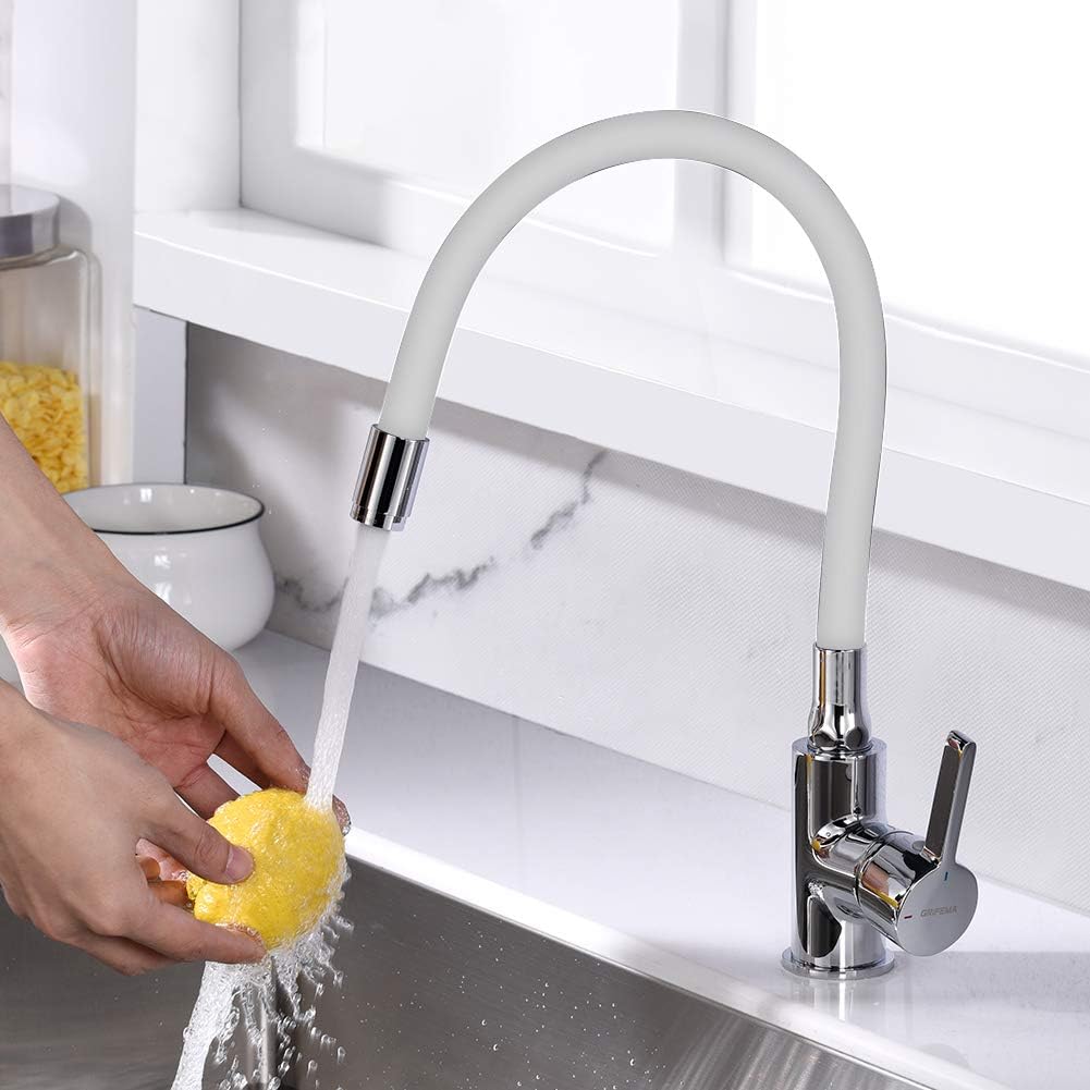 GRIFEMA GRIFERÍA DE COCINA-G4002-3 White Kitchen Sink Mixer Tap with Flexible Universal Swivel Spout Spout, Chrome - Image 3
