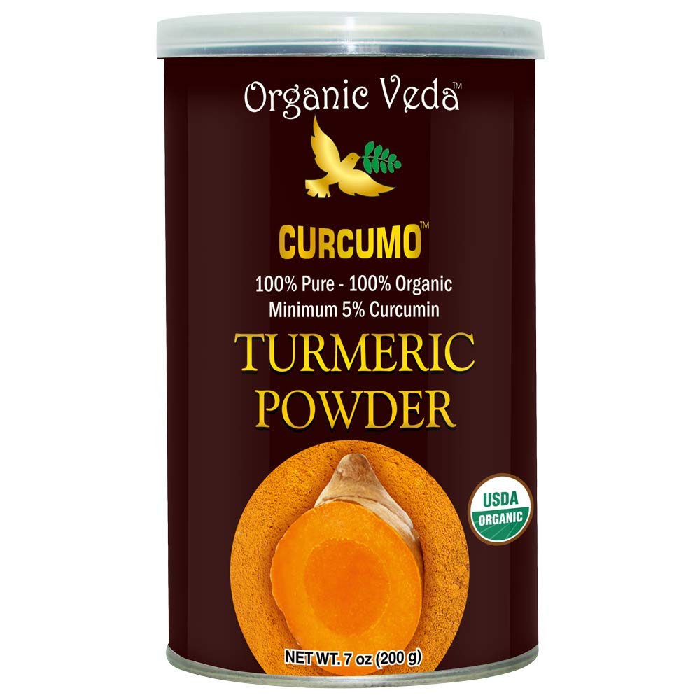 Organic Veda Premium Turmeric Powder (7 oz) Natural Curcumin 5% |USDA Organic Certified, High Curcumin Grade, Pure 100% Organic Turmeric Root from India, Non GMO | For Cooking, Milk, Smoothies