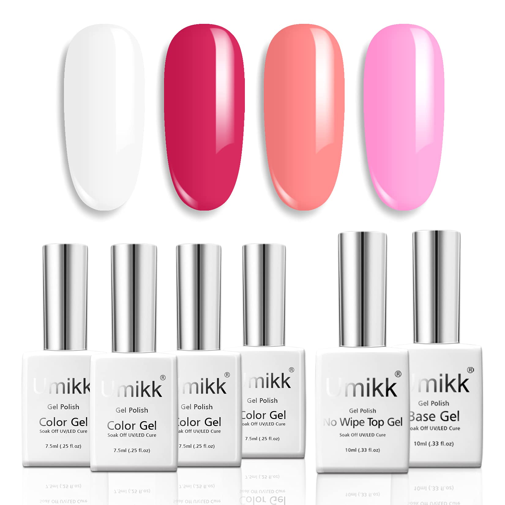 Umikk Gel Nail Polish Set White Watermelon Red Coral Pink 7.5 ml with Base Coat Top Coat 10 ml Soak Off UV LED Cured Home Manicure Gel Polish