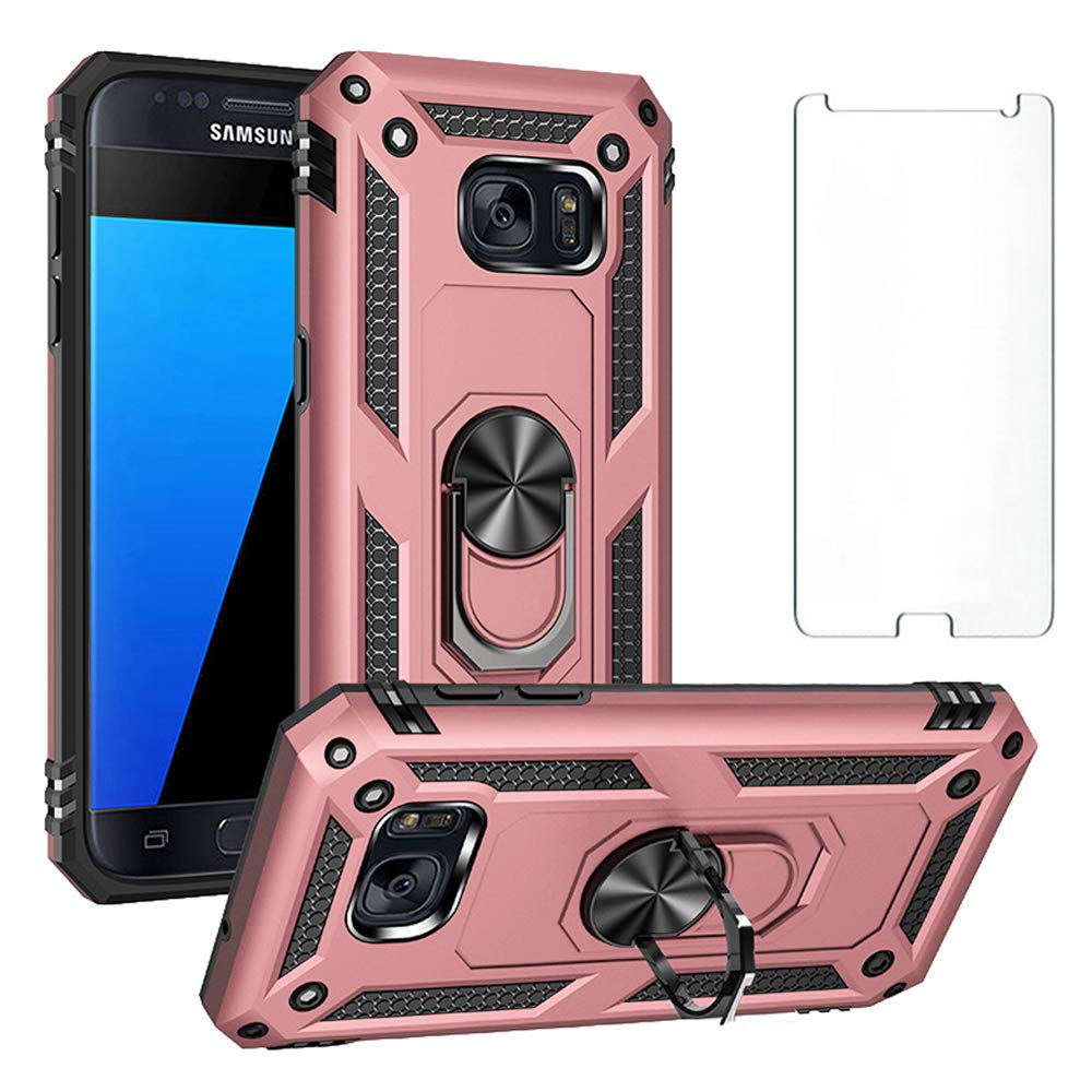 Phone Case for Samsung Galaxy S7 with Tempered Glass Screen Protector Stand Ring Holder Shockproof Silicone Heavy Duty Accessories Magnetic Metal Hard Kickstand galaxys7cases cases Girls Rose Gold