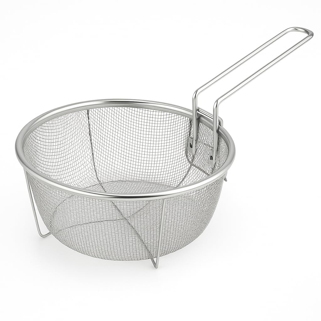Space Home - Round Fryer Basket With Handle - Deep Wire Strainer For Frying - Chip Basket for Frying - Foldable Strainer Colander - Fried Basket Ideal for Chips, Fries, Shrimps - 23 cm
