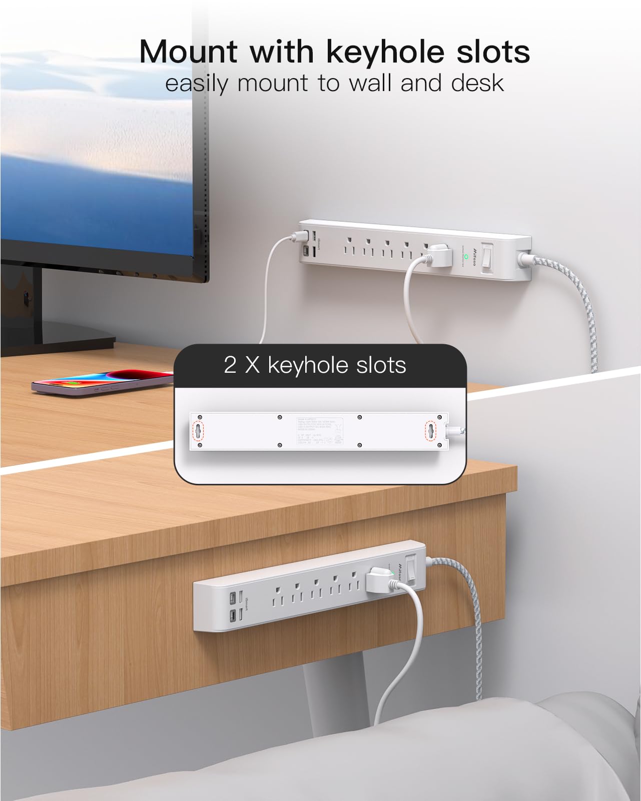 2 Pack Power Strip Surge Protector, 6 Outlets 4 USB Ports (2 USB C) 5Ft Long Extension Cords, Flat Plug Overload Protection Outlet Strip, Wall Mount for Home, Office and Dorm Essential, ETL Listed