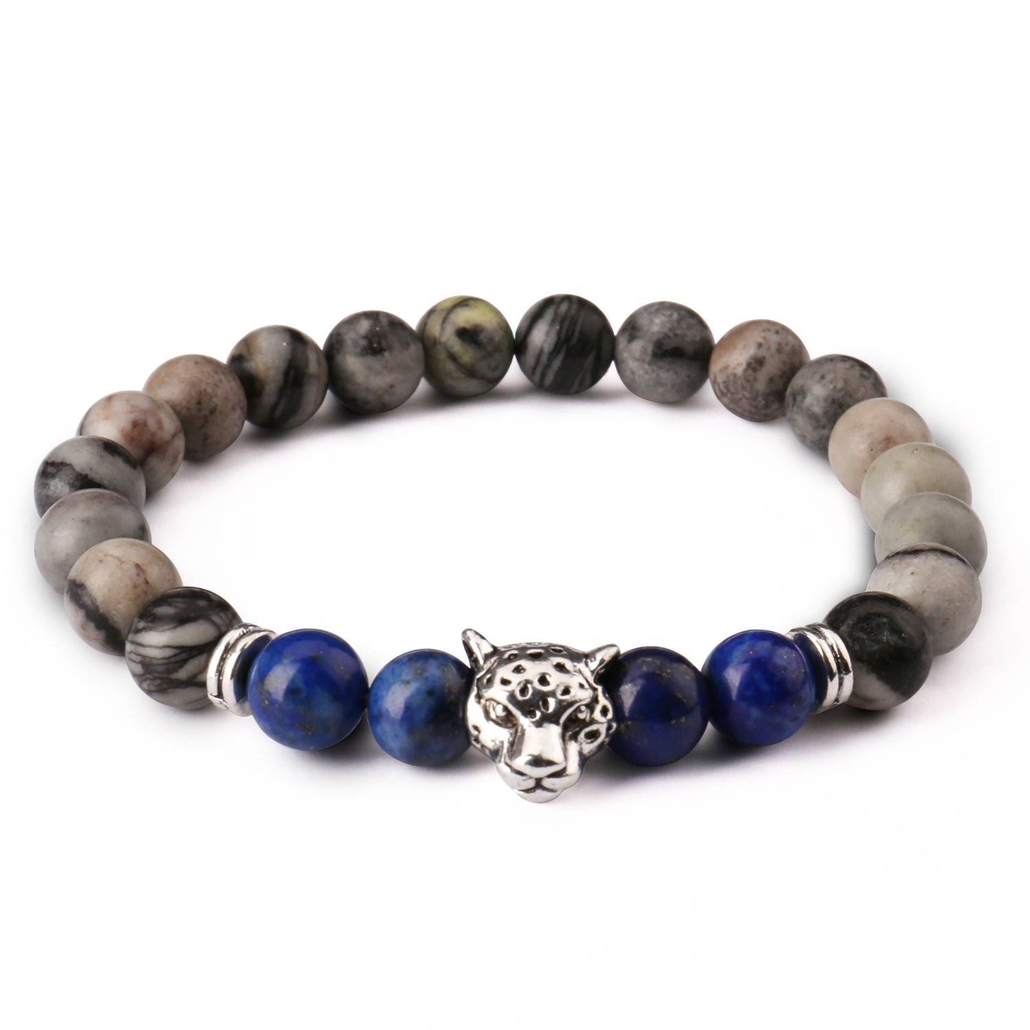 Bead Bracelets,UHIBROS Unisex Natural Tiger Eyes, Black Matte, Weathering Agate Beads Stretch Bracelets With Leopard Head Gold,Silver