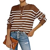 Womens Striped Henley Sweaters Soft Lightweight Long Sleeve Crew Neck Loose Fit Knit Pullover Tops