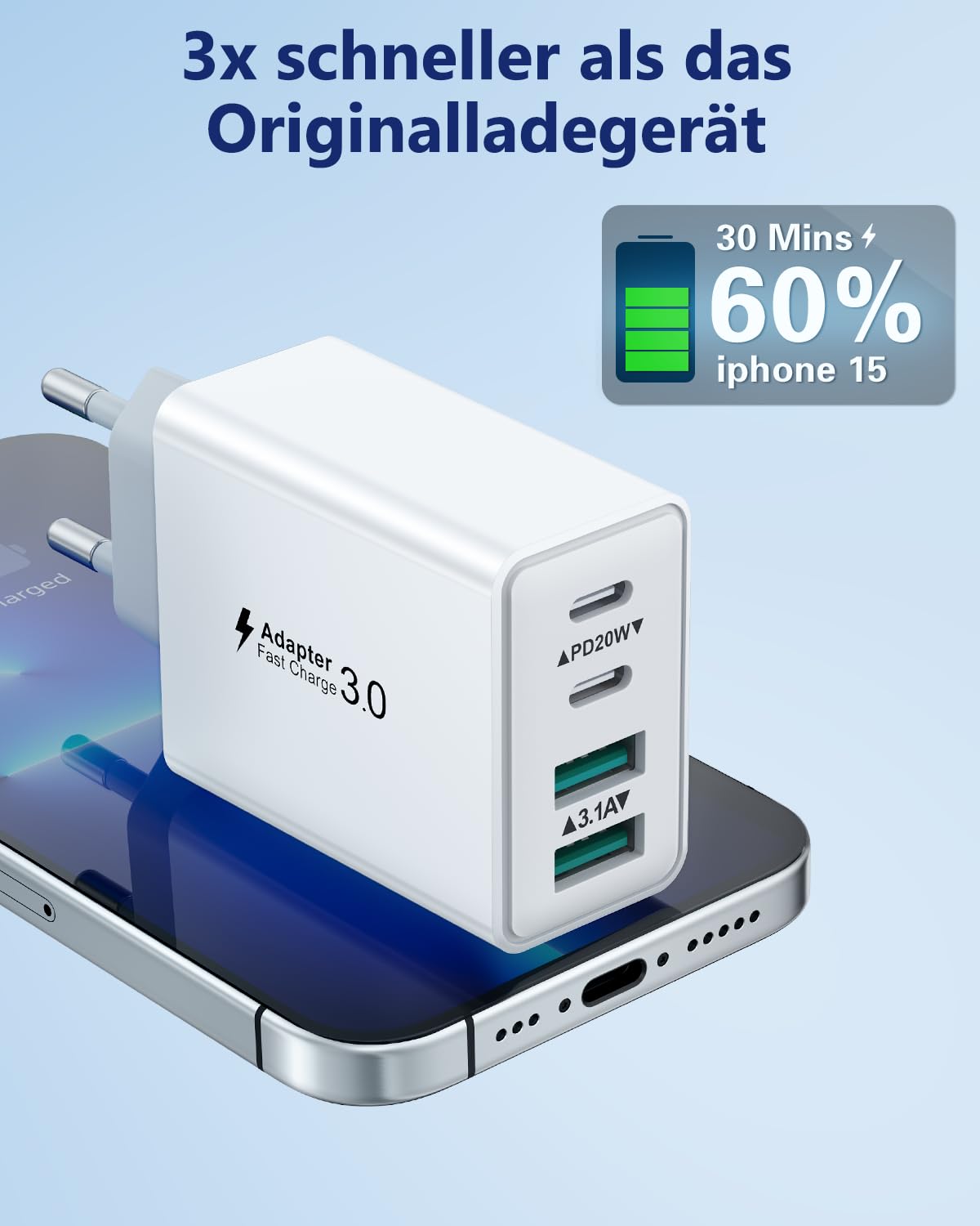 USB C Ladegerät, 4-Ports USB Stecker Schnellladegerät Mehrfach Netzteil USBC Fast Charger PD Power Adapter Ladestecker USB Schnellladen für iPhone 16 15 14 13 12 11 Pro Max, iPad, Samsung,Handys 2