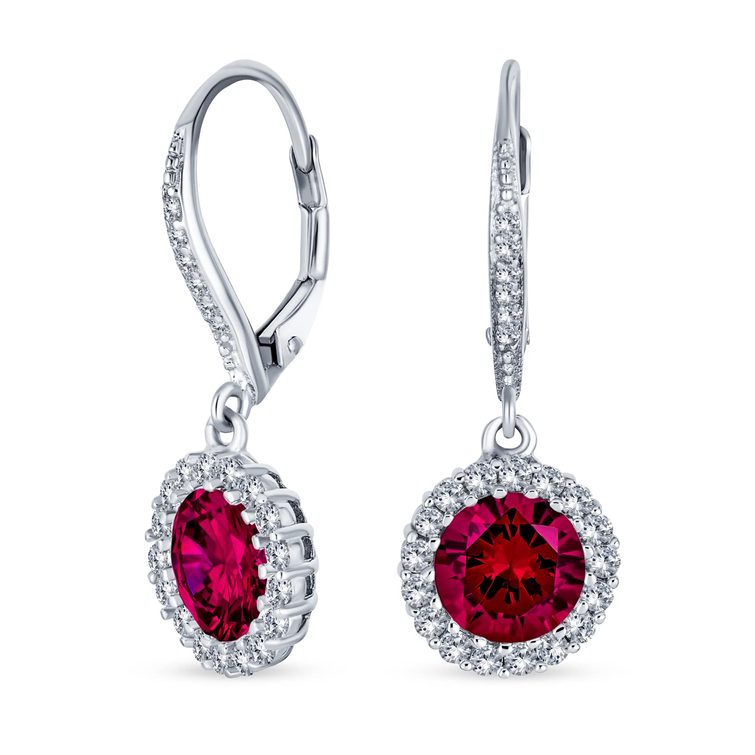 3.5CT Red Round Solitaire Halo CZ Leverback Dangle Earrings For Women Simulated Ruby Cubic Zirconia .925 Sterling Silver — image 1