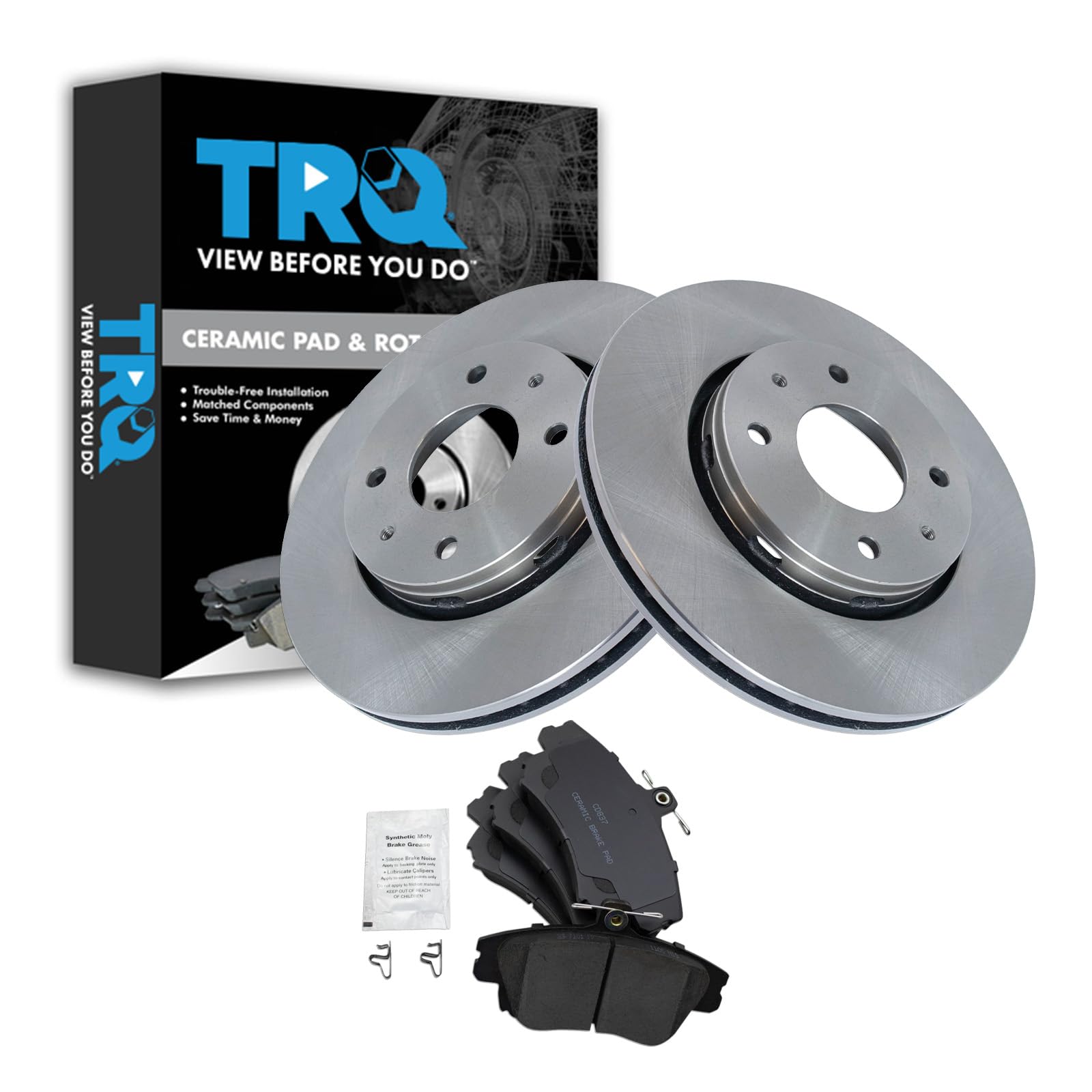 TRQ Front Brake Pad and Rotor Set Ceramic Vented Rotors Compatible with 2000-2004 Volvo S40 2000-2004 V40 Image