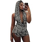 Novaorily Women Sexy V-Neck Bodycon Sequin Mini Dress Hooded Sparkly Dresses for Party Club Night