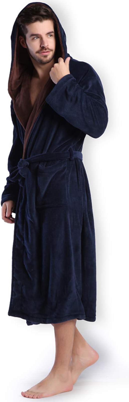 Hooded Herringbone Men's Navy Soft Spa Long Bathrobe,Comfy Full Length Warm Nightdress
