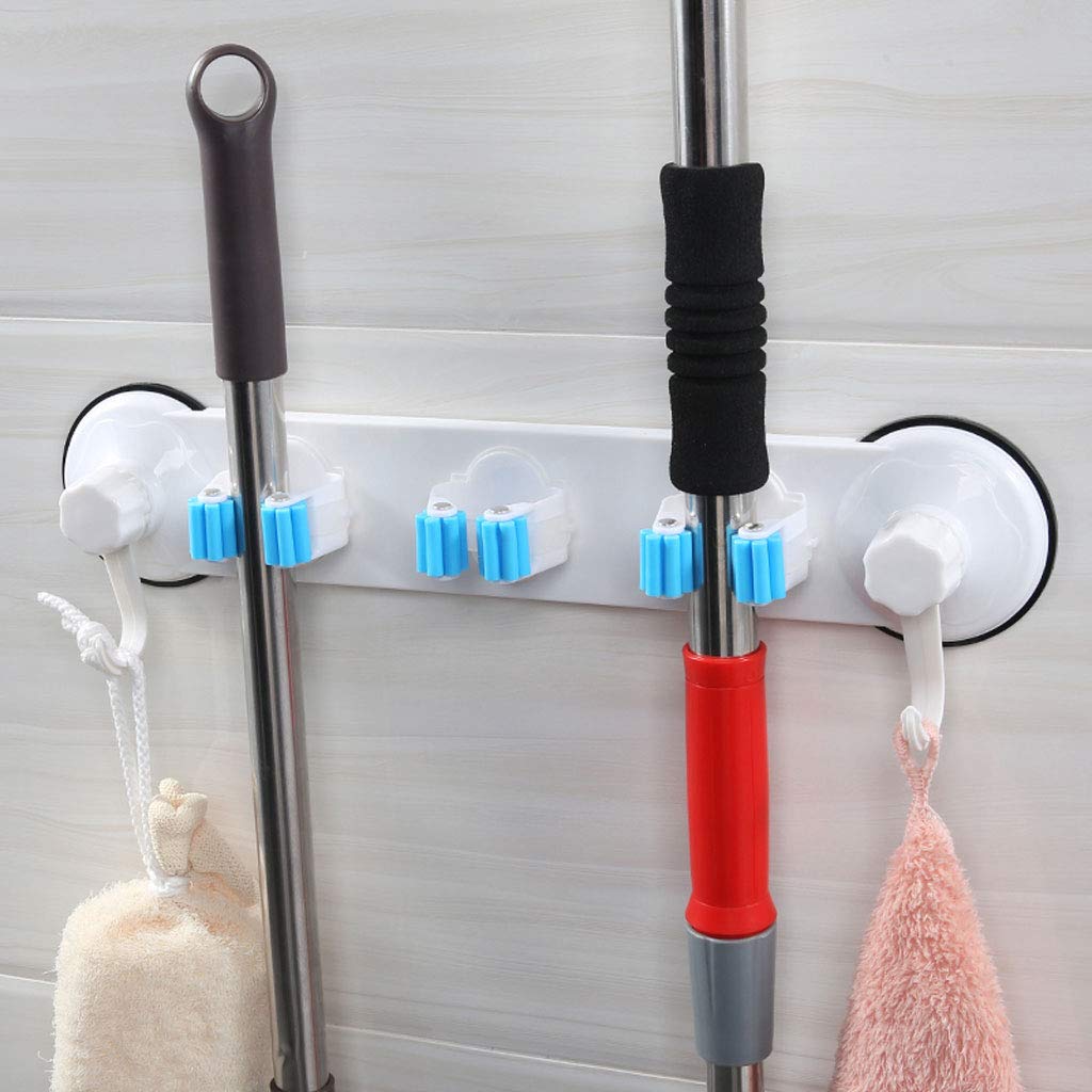 HUIJ Broom Mop Holder, Plastic, Wall Mounted, 3 Position 2 Hooks, No Drilling Required, Suction Cup, Waterproof, Moisture Proof, For Kitchen, Garage, Bathroom, White, Standard Size