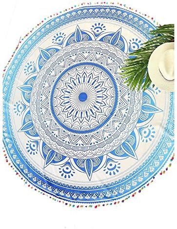 Sign Fashion Blue Tribal Print Pom Pom Trim Round Beach Towel