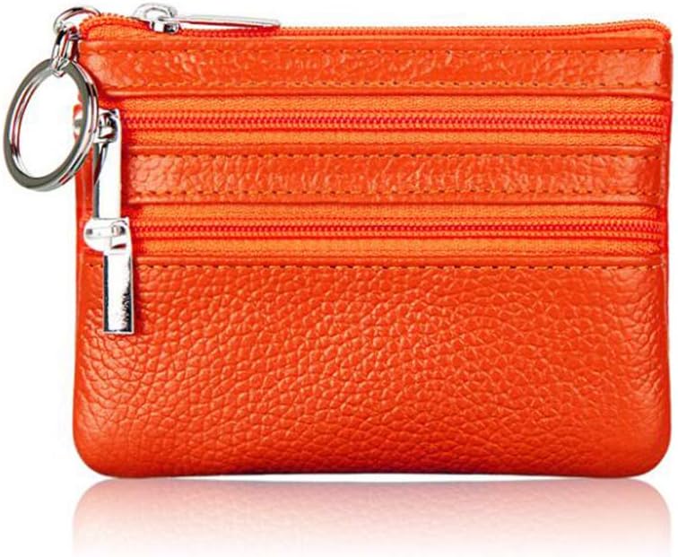 AprinCtempsD Ladies Genuine Leather Small Coin Purse with Zip Womens Mens Mini Wallet Pouch with Key Ring (Orange)