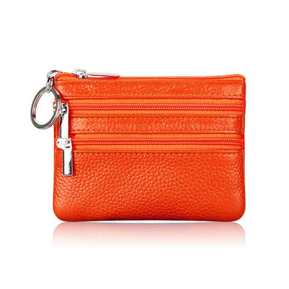 AprinCtempsD Ladies Genuine Leather Small Coin Purse with Zip Womens Mens Mini Wallet Pouch with Key Ring (Orange)