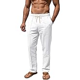 TAFLE Men’s Linen Pants Casual Beach Yoga Pants Elastic Waist Drawstring Straight Leg Loose Lightweight Trousers with Pockets