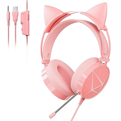 Pink Gaming Headset with Microphone, Cat Ear Headphones with 50mm
