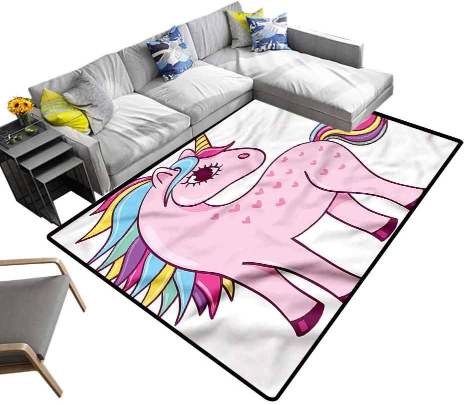 Kawaii, Anti-Skid Area Rug Unicorn Rainbow and Unicorn Contemporary Indoor Area Rugs Suitable for Baby Nursery Decor, 7'x 7'
