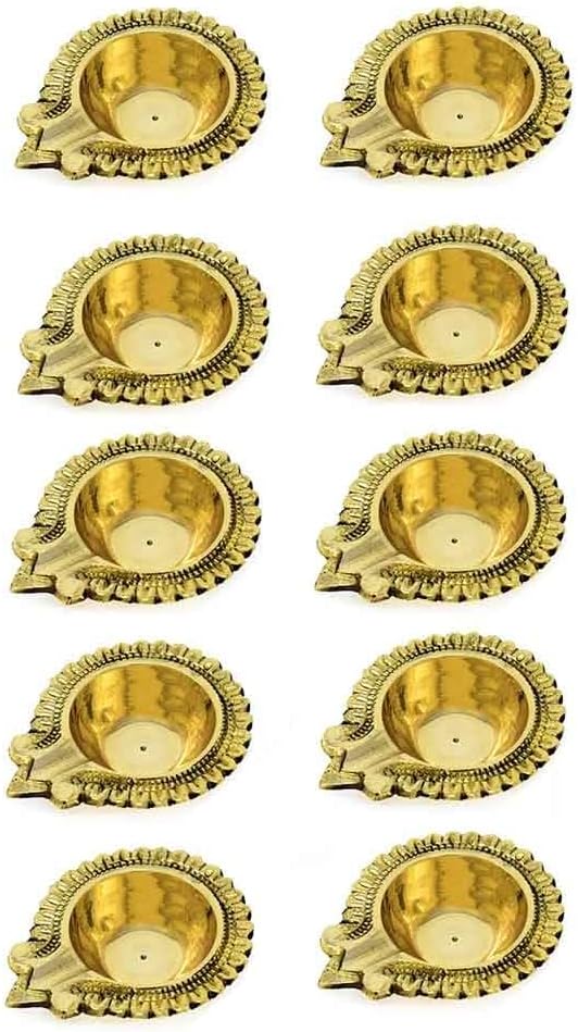 Oil Lamps & Accessories - Hashcart Diwali Diyas Brass Diya for Pooja [ 10 Pc ] - Handmade Indian Brass Oil Lamp for Puja - Kutthu vilakku nilakku Deepam for Diwali Decorations - Diwali Gifts