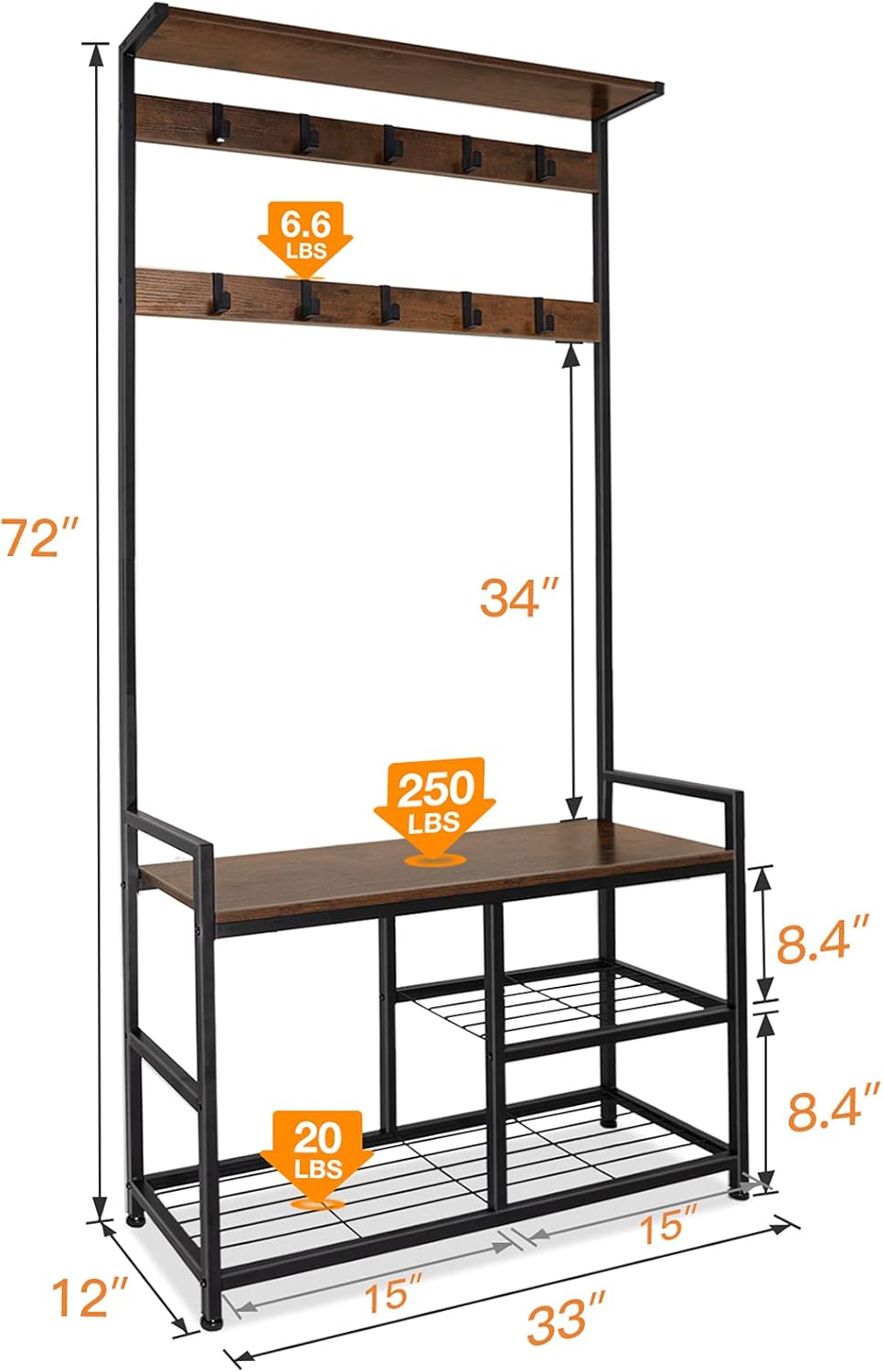 ODK 3 in 1 Hall Tree Coat Rack and Shoe Bench Entryway Storage Shelves, Multipurpose Furniture Organizer with Industrial Design Metal Frame, Rustic Brown: Home Improvement