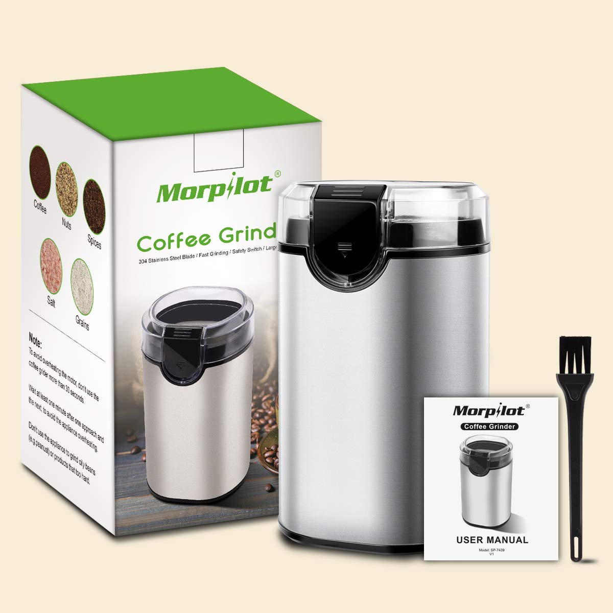 Elektrische Kaffeemühle, Edelstahl Kaffeemühle mit Ein Putzbürste für Kaffeebohnen | Nüsse | Gewürze | Getreide usw. - 70g Füllmenge, Pinsel Inklusive (#1)