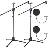 Sherr 4 Pcs Tripod Microphone Stand with Mic Clip and Windscreen | Adjustable Boom Height for Live Stream, Singing, Stage Performance, Studio, Max Height 60 Inch