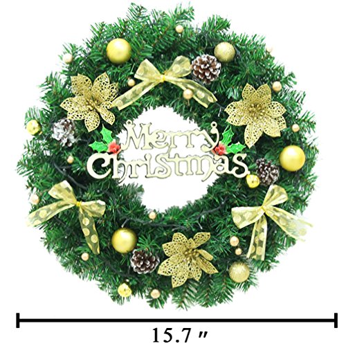 Christmas Wreath Large Front Door Wreath 15 Inch Wall Garland Decoration Christmas Party Decor (15.7", Gold)