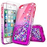 iPhone 5S Case, iPhone SE/iPhone 5 Case, NageBee Glitter Liquid Quicksand Waterfall Floating Sparkle Bling Diamond Women Girls Kids Cute Durable Case w/[Tempered Glass Screen Protector] -Pink/Purple