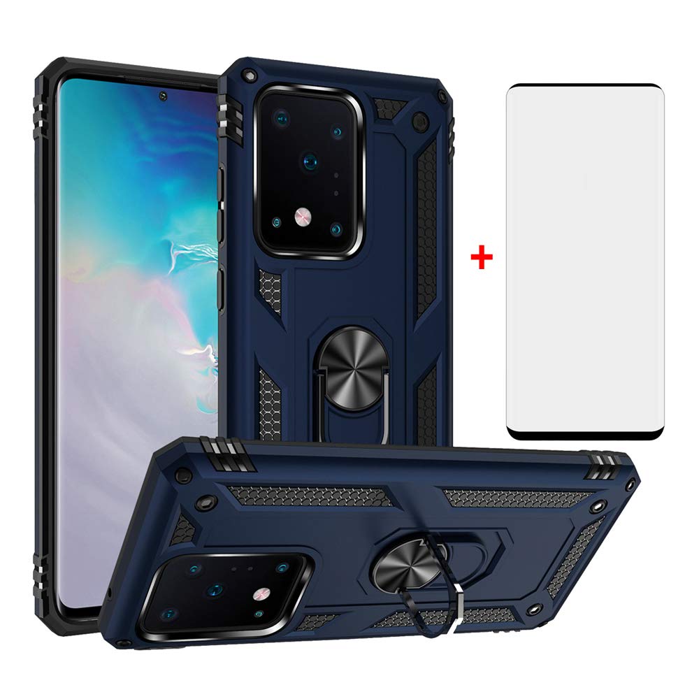Phone Case for Samsung Galaxy S20 Ultra with Tempered Glass Screen Protector Stand Ring Holder Accessories Heavy Duty Rugged Protective Shockproof Hard Bumper 20 Samsungs20ultra Cases Blue
