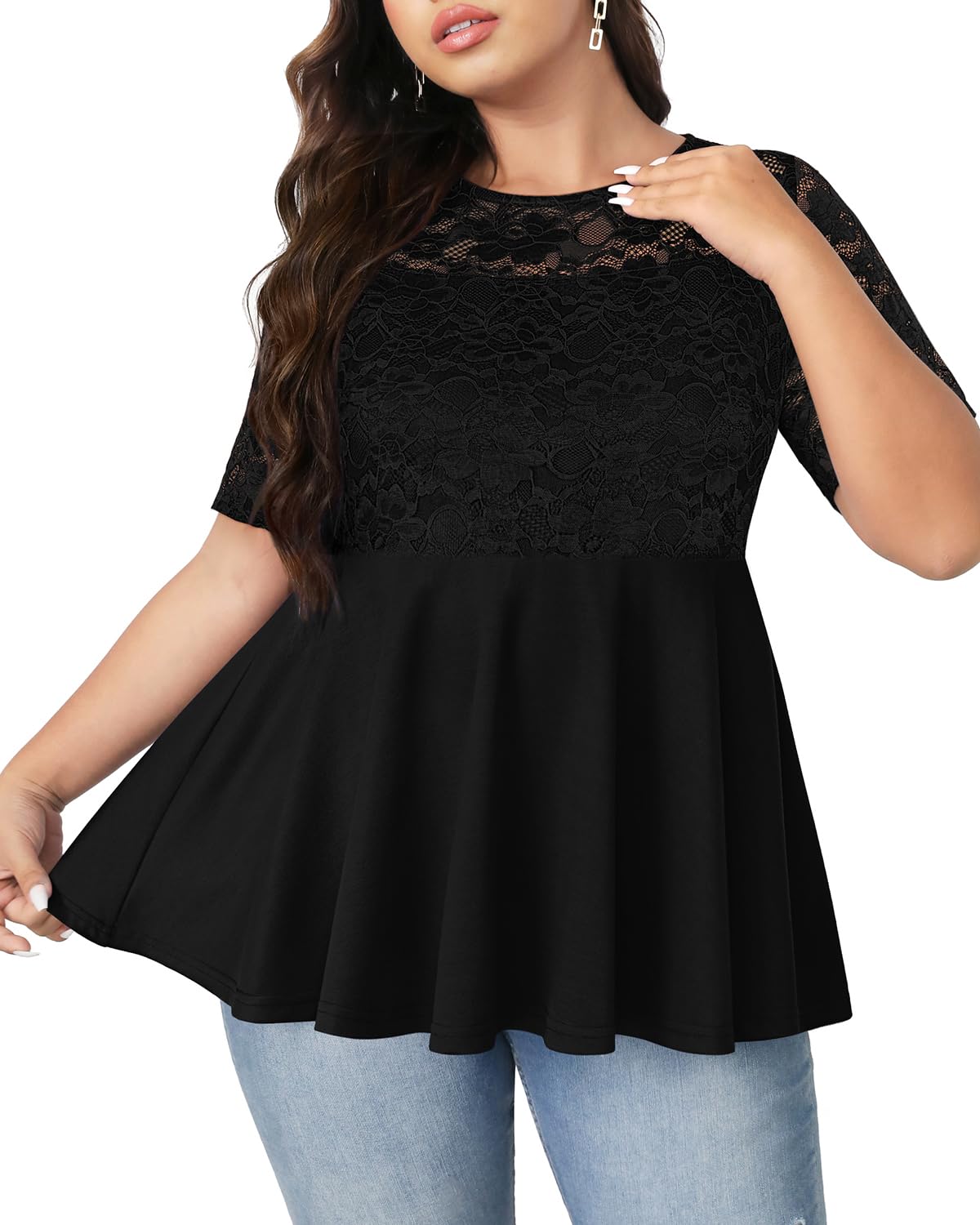 Photo 1 of Pinup Fashion Women Peplum Tops Plus Size Black Lace Crew Neck Empire Waist Short Sleeve Dressy Summer Flowy Pleated Tunic 2X