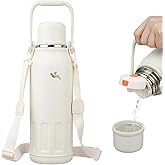 Insulated Water Bottle with Handle and Strap,Vacuum Travel Tumbler with Cup Lid,Thermo Coffee Cup for Hot Cold Drinks 50 OZ,Beige