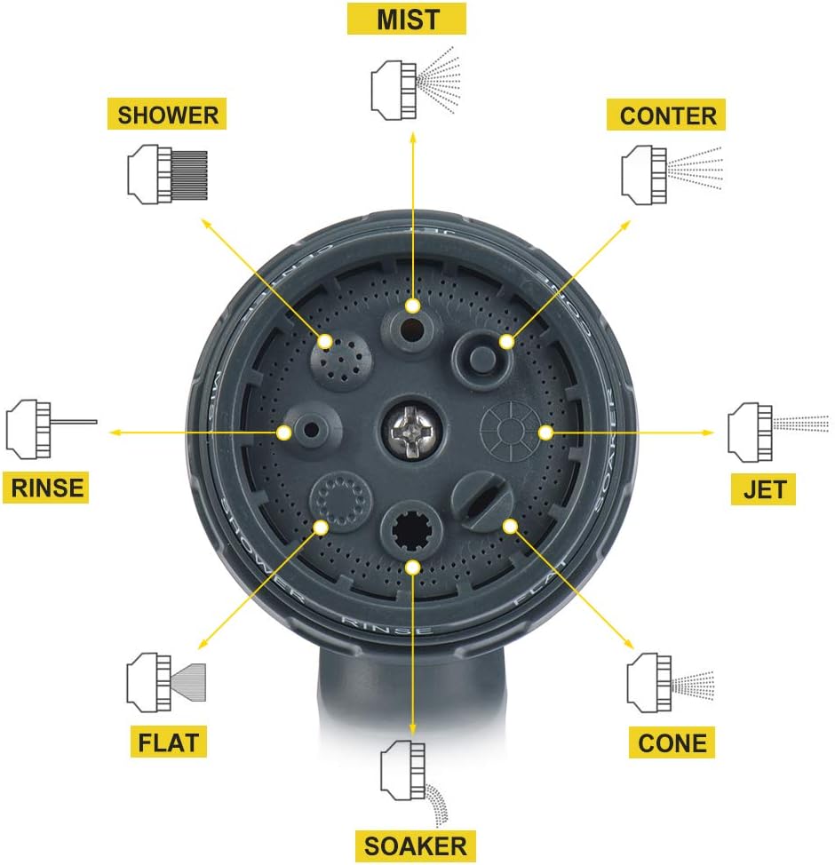 Accenter Water Hose Nozzle Water Spray Nozzle Heavy Duty Plastic Garden Hose Nozzle with 8 Patterns of Spray Perfect for Watering Plants Lawns, Washing Cars, Showering Dogs Yellow : Garden & Outdoor